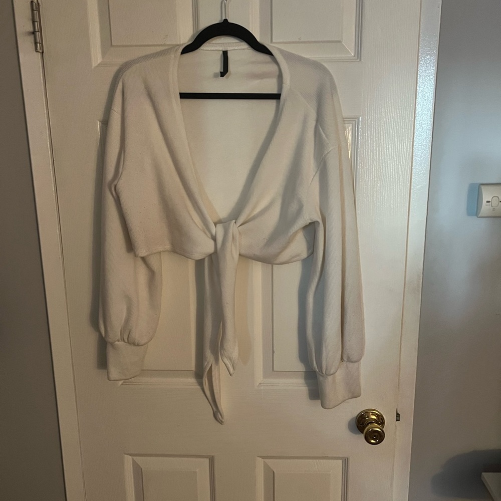 White Ribbed Sweater Tie-Front - Picture 5 of 6